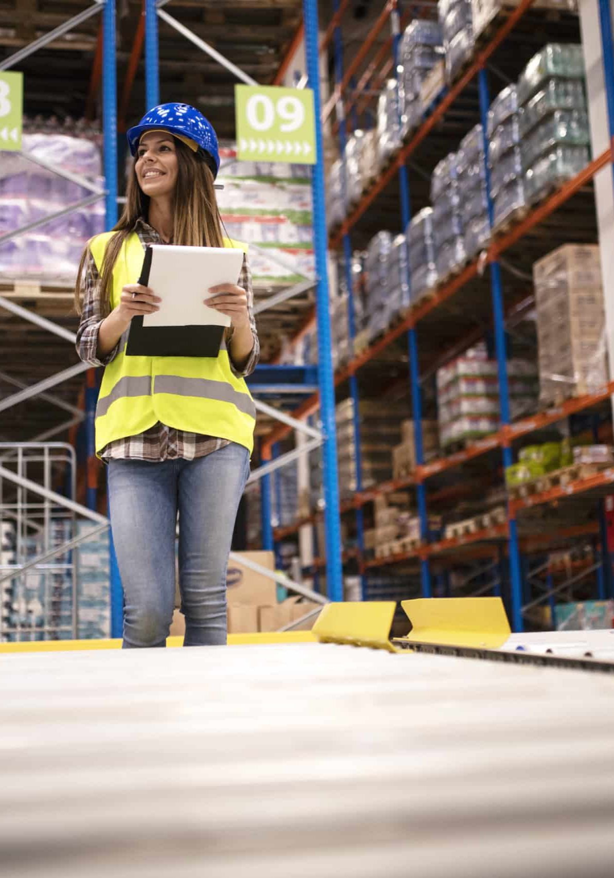 Beautiful woman worker with hardhat and checklist controlling distribution in warehouse center.